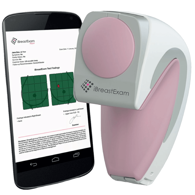 Profesional de salud usando iBreastExam durante una examinación